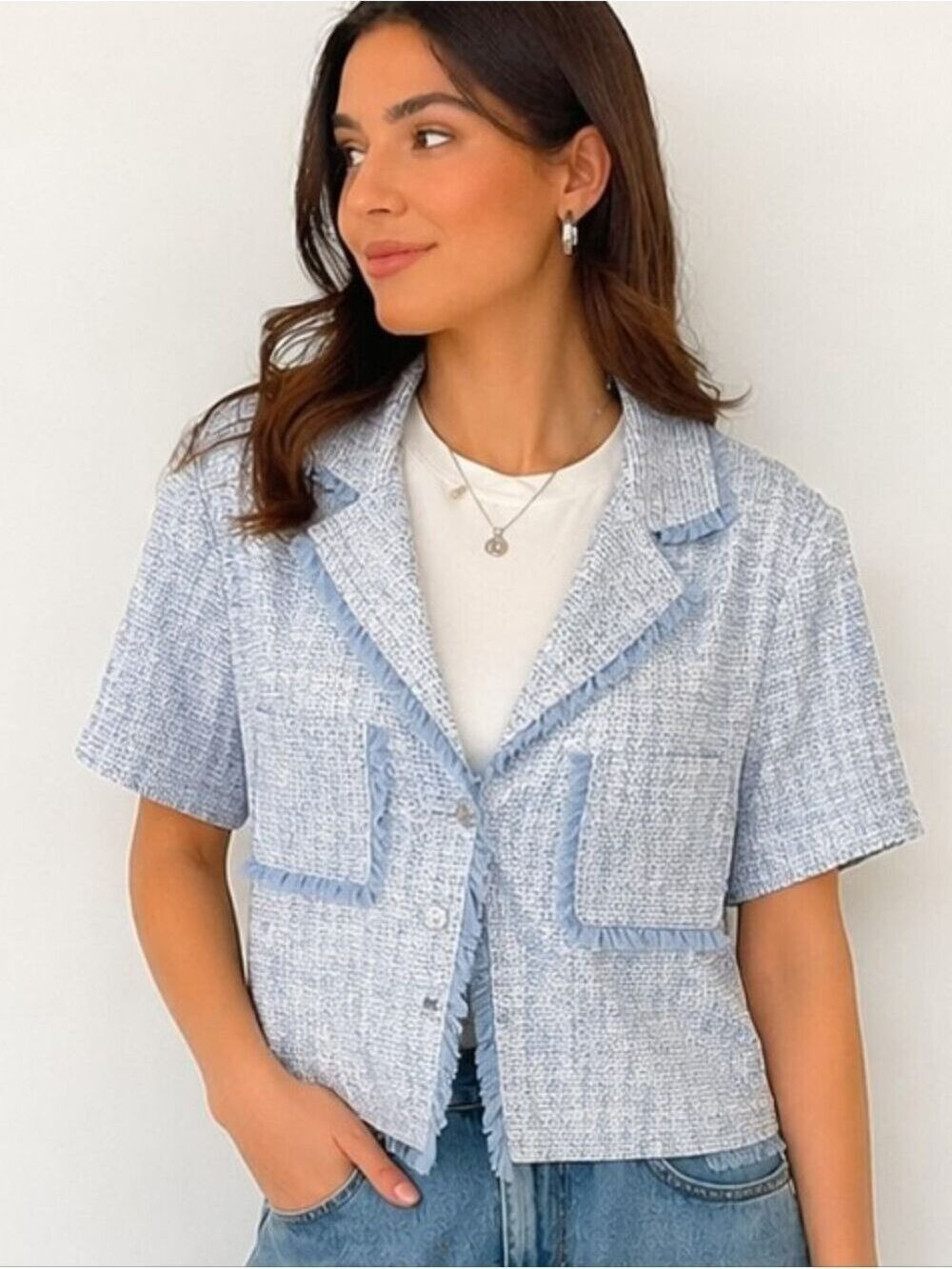 JOIE BLUE AND WHITE CROPPED BOUCLE TEXTURED SHORT SLEEVE JACKET SIZE LARGE